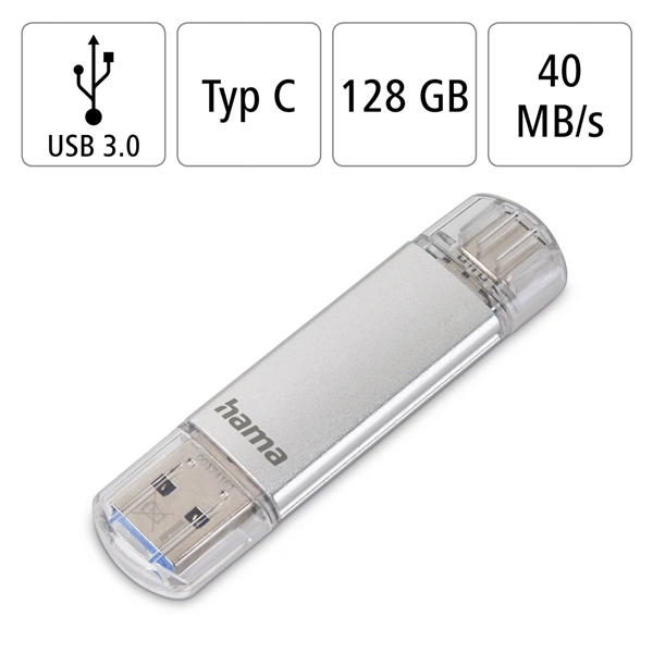 Hama Flash Pen Laeta, USB-C/USB-A 3.1, 128 GB, 40 MB/s, stříbrný