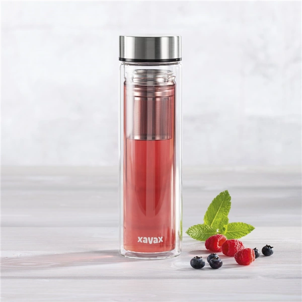Xavax To Go, skleněná lahev na horké/studené/sycené nápoje, 450 ml, sítko, neoprenový obal
