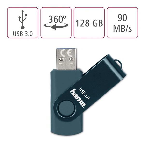 Hama USB 3.0 Flash Drive Rotate, 128 GB, 70 MB/s, petrolejová modrá