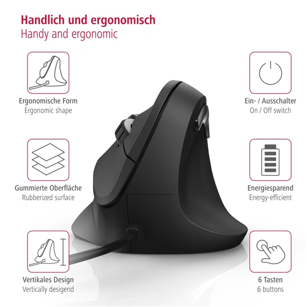 Hama vertikální, ergonomická kabelová myš EMC-500, pro praváky, černá