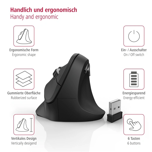 Hama vertikální ergonomická bezdrátová myš EMW-500, pro praváky, černá