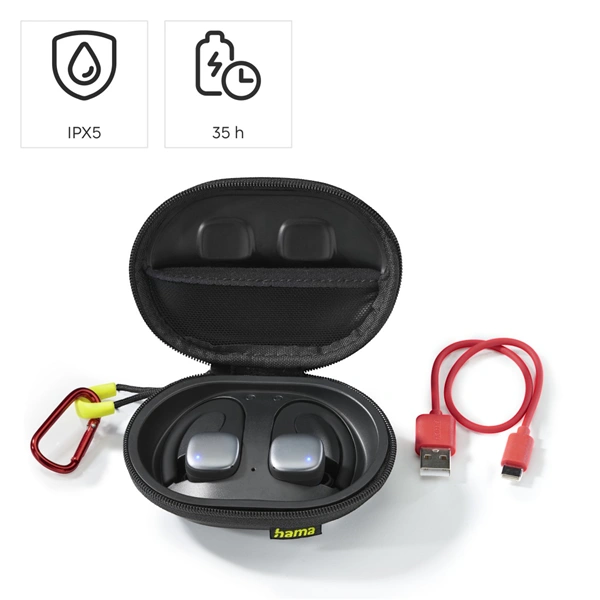 Hama Bluetooth sluchátka Spirit Athletics s klipem, pecky, nabíjecí pouzdro, černá