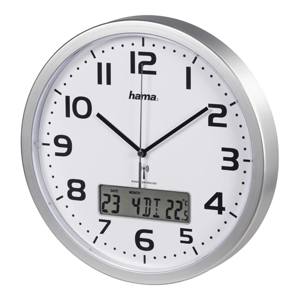 Hama Extra, nástěnné hodiny řízené rádiovým signálem, s datem a teplotou