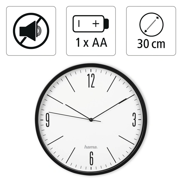 Hama Elegante, nástěnné hodiny, průměr 30 cm, tichý chod, černé