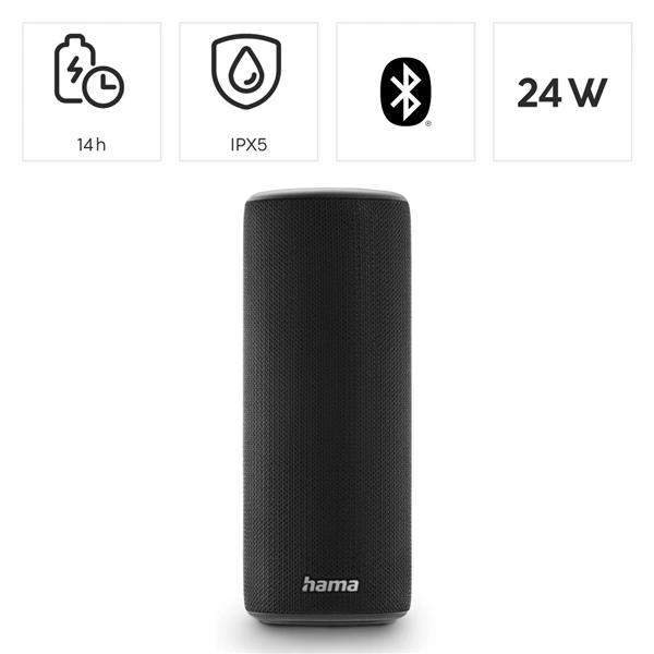 Hama Pipe 3.0, Bluetooth reproduktor, vodě odolný podle IPX5, 24 W, 10 světelných, režimů, černý