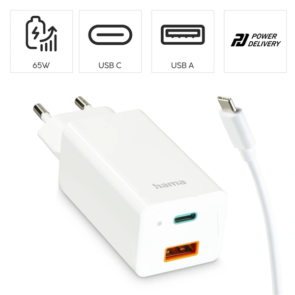 Hama set USB nabíječka GaN, USB-C/USB-A, PD 65 W, USB-C kabel 2 m