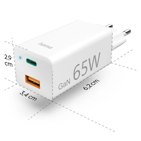 Hama set USB nabíječka GaN, USB-C/USB-A, PD 65 W, USB-C kabel 2 m