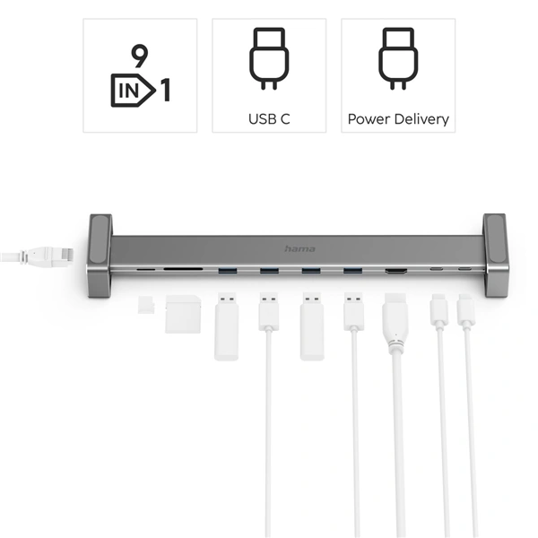 Hama USB-C dokovací stanice Connect2Office Basic, 9 připojení, odnímatelné nožičky