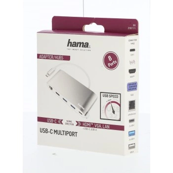 Hama USB-C hub, Multiport, 8 připojení, 3x USB-A, 2x USB-C, VGA, HDMI, LAN