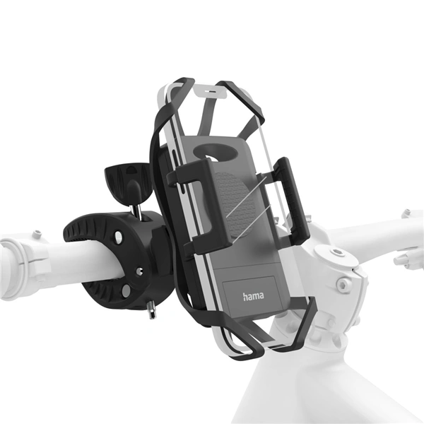 Hama Strong, držák na mobil s šířkou 5-9 cm, na řídítka jízdního kola, otočný o 360° (rozbalený)