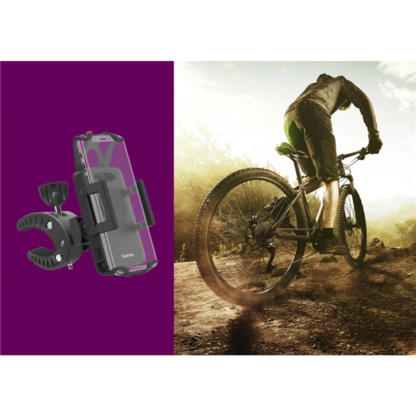 Hama Strong, držák na mobil s šířkou 5-9 cm, na řídítka jízdního kola, otočný o 360° (rozbalený)