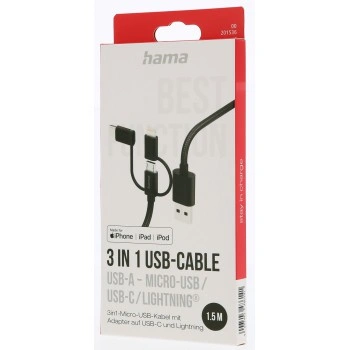 Hama USB kabel 3v1: micro USB, USB-C, Lightning, 1,5 m