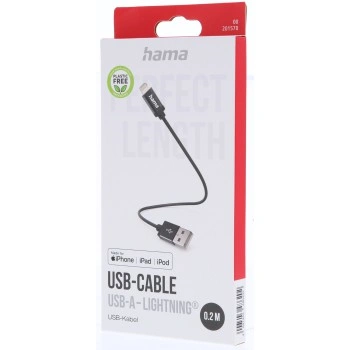 Hama MFi USB kabel pro Apple, USB-A Lightning, 0,2 m, opletený, černý