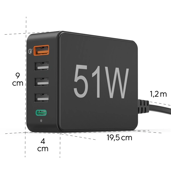 Hama rychlá stolní USB nabíječka, 4x USB-A, 1x USB-C, PD/QC, 51 W, 1,2 m