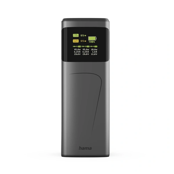 Hama High Power 65 W, powerbanka, 20000 mAh, 2x USB-C, 1x USB-A, PD, QC, displej