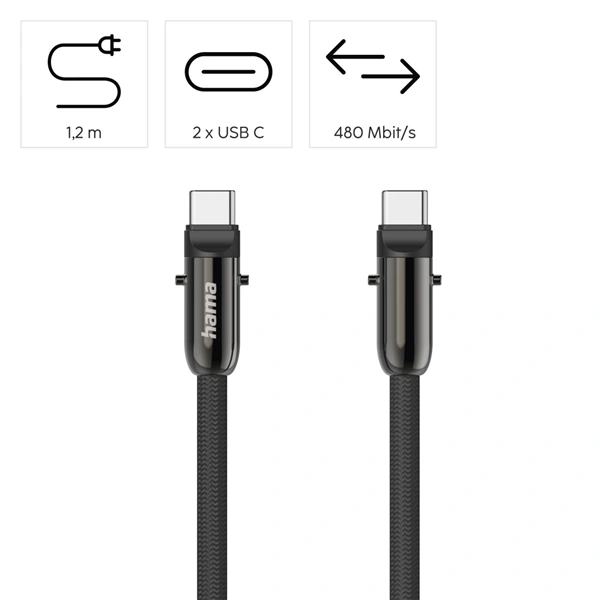 Hama USB-C kabel a šňůrka na mobil 2v1, 1,2 m, černá