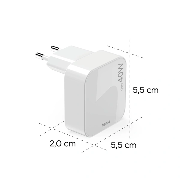 Hama rychlá USB nabíječka GaN, 2x USB-C PD/QC 40 W, skládací