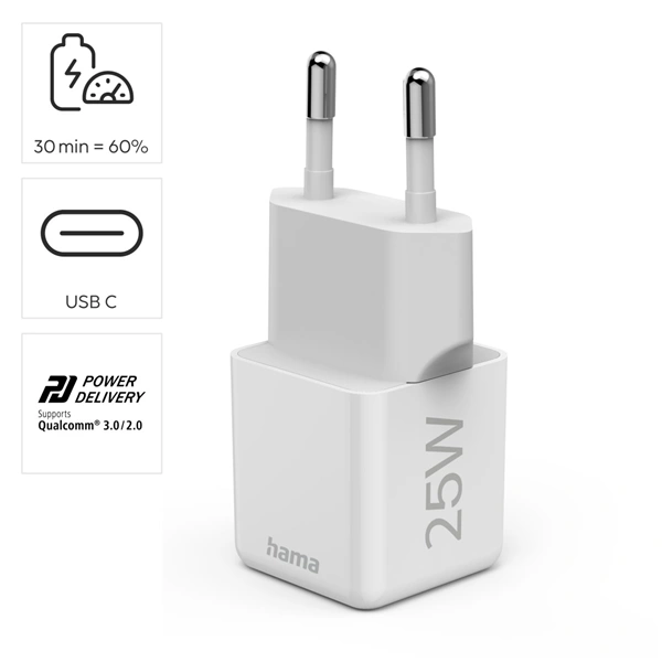 Hama rychlá USB nabíječka, USB-C PD/QC 25 W, super-mini