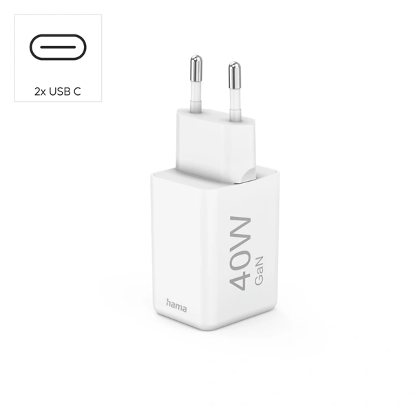 Hama rychlá USB nabíječka, 2x USB-C PD/QC, 40 W, super-mini