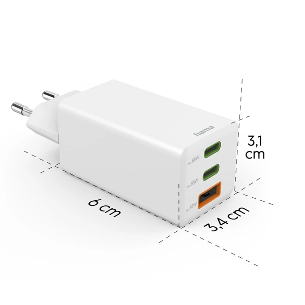 Hama rychlá USB nabíječka GaN 2x USB-C + USB-A, PD/QC, 65 W