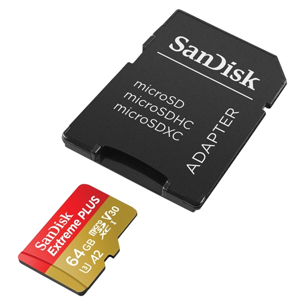 SanDisk Extreme PLUS microSDXC 64GB + SD Adapter 200MB/s & 90MB/s A2 C10 V30 UHS-I U8