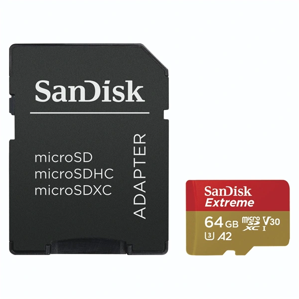 SanDisk Extreme microSDXC 64GB pro akční kamery + SD Adapter 170MB/s & 80MB/s, A2 C10 V30 UHS-I U3