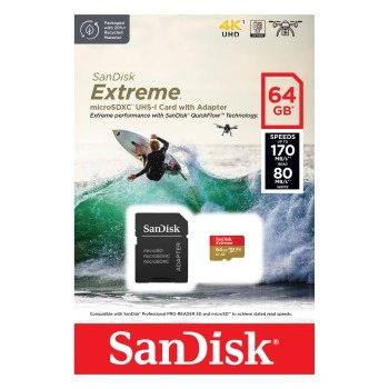 SanDisk Extreme microSDXC 64GB pro akční kamery + SD Adapter 170MB/s & 80MB/s, A2 C10 V30 UHS-I U3