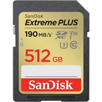 SanDisk Extreme PLUS 512 GB SDXC Memory Card 190 MB/s & 130 MB/s, UHS-I, Class 10, U3, V30
