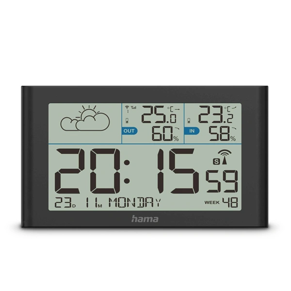 Hama Sylt, meteostanice, bezdrátový senzor, DCF hodiny, teplota, vlhkost, počasí, baterie, černá