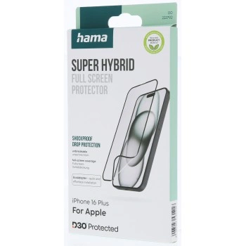 Hama Super Hybrid, nerozbitné ochranné sklo na displej pro Apple iPhone 16 Plus, licence D3O®