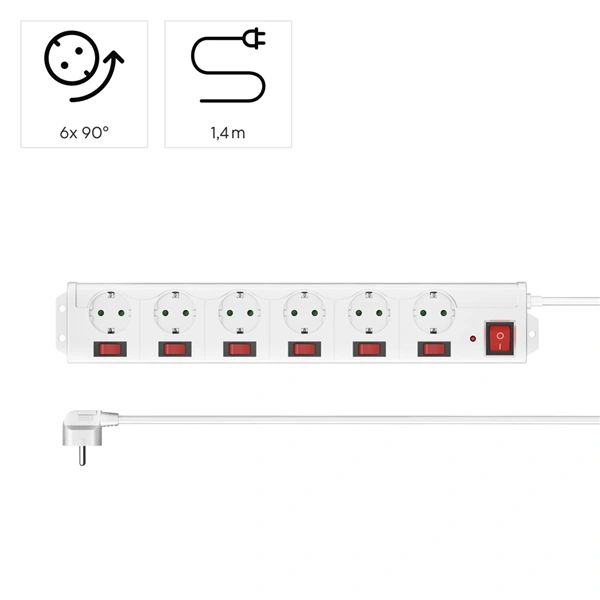 Hama prodlužovací přívod XL s přepěťovou ochranou, 6 zásuviek schuko, 7 vypínačů, 1,4 m, bílá