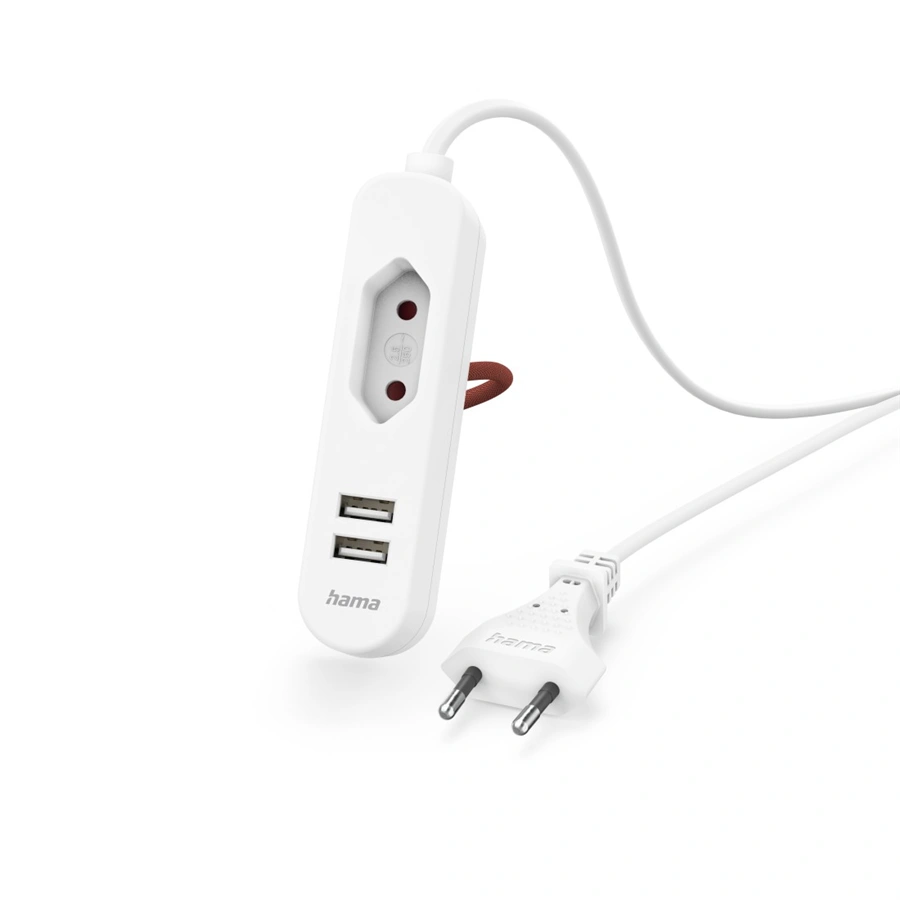 Hama síťová nabíječka s prodlužovacím kabelem, 2x USB-A, 1x el. zásuvka Euro, 1,9 m