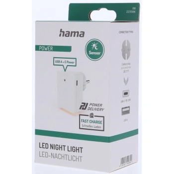Hama noční/orientační LED světlo, do zásuvky, 1x USB-A, 1x USB-C, soumrakový senzor