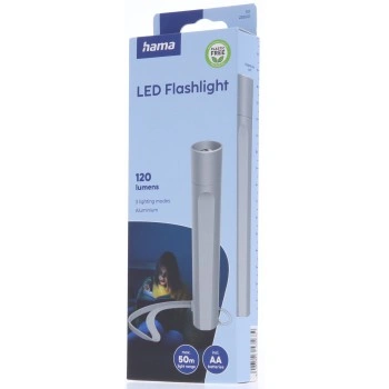 Hama FL120, LED svítilna, hliníková, 120 lm / 50 m, 3 režimy svícení, poutko na ruku, vč. baterií