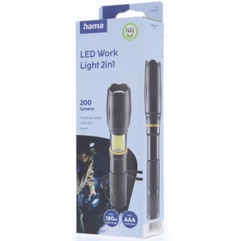 Hama W200, LED svítilna, hliníková, 200 lm / 180 m, 3 režimy, zoom, COB, poutko, baterie