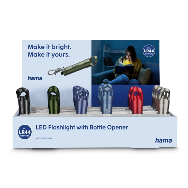 Hama FL4, LED svítilna s otvírákem na lahve, karabinka, baterie, 24 ks v displeji (cena za 1 ks)