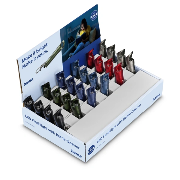 Hama FL4, LED svítilna s otvírákem na lahve, karabinka, baterie, 24 ks v displeji (cena za 1 ks)