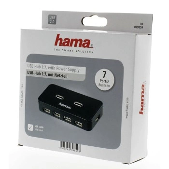 Hama USB Hub 2.0, síťový zdroj, černý, krabička