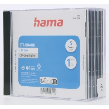 Hama CD Standard box, standardní obal na 1 CD/DVD, průhledný/černý, balení 5 ks (cena za balení)