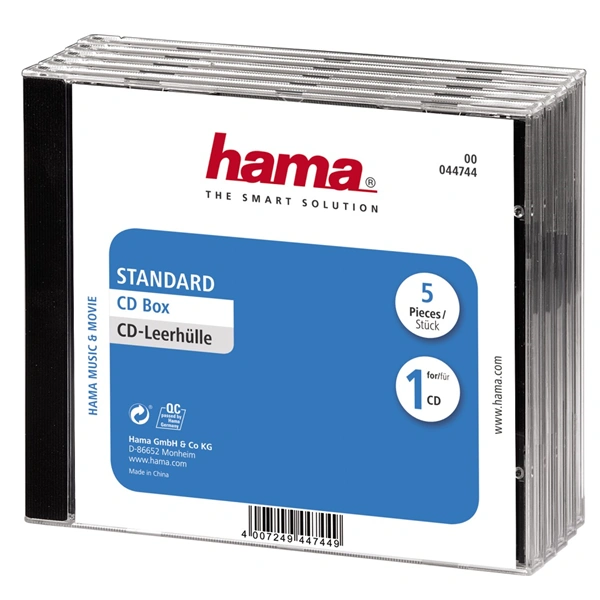 Hama CD Standard box, standardní obal na 1 CD/DVD, průhledný/černý, balení 5 ks (cena za balení)