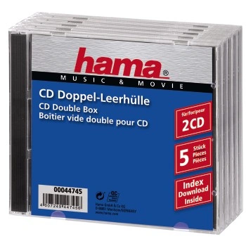 Hama CD Double box, standardní obal na 2 CD/DVD, průhledný/černý, balení 5 ks (cena za balení)
