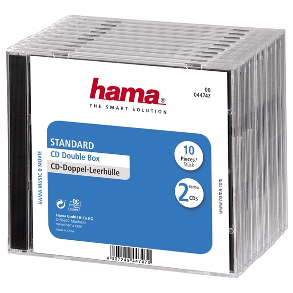 Hama CD Double box, standardní obal na 2 CD/DVD, průhledný/černý, balení 10 ks (cena za balení)