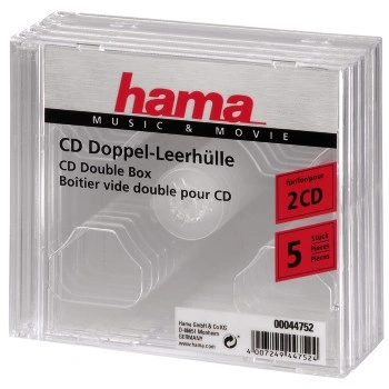 Hama CD Double box, standardní obal na 2 CD/DVD, průhledný, balení 5 ks (cena za balení)