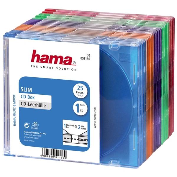 Hama CD Slim Box, obal na 1 cd/dvd, mix barev, balení 25 ks (cena za balení)